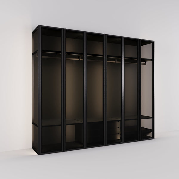 Kledingkast Antares in zwart staal met rookglas | 303 cm breed - Matteo studio B.V.