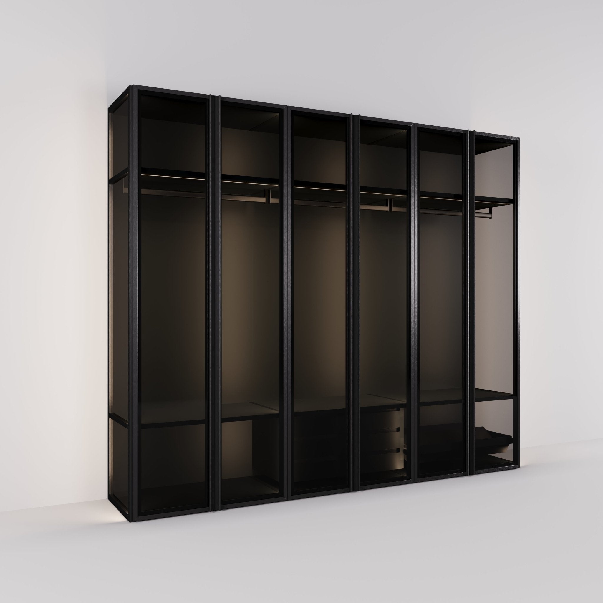 Kledingkast Antares in zwart staal met rookglas | 303 cm breed - Matteo studio B.V.