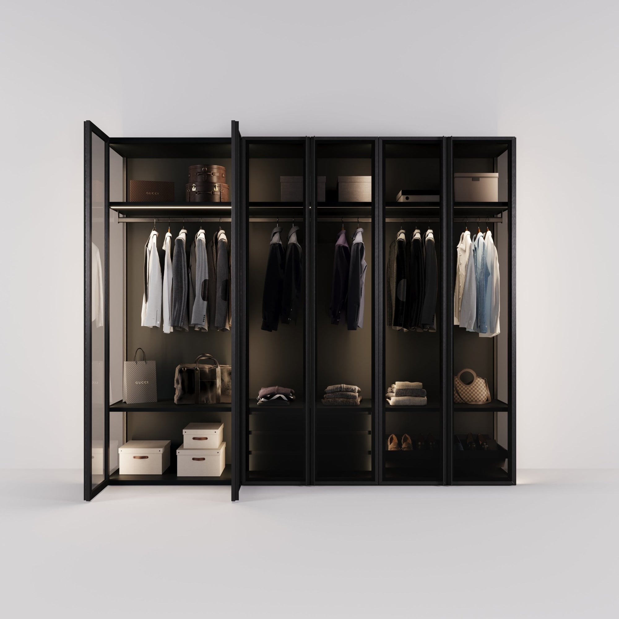 Kledingkast Antares in zwart staal met rookglas | 303 cm breed - Matteo studio B.V.