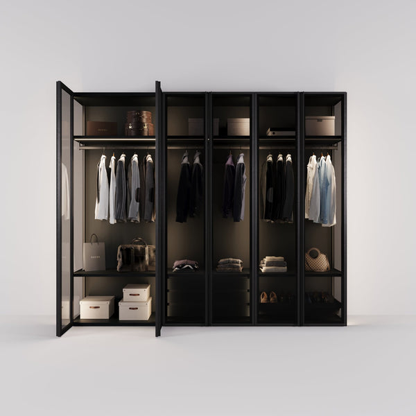 Kledingkast Antares in zwart staal met rookglas | 303 cm breed - Matteo studio B.V.