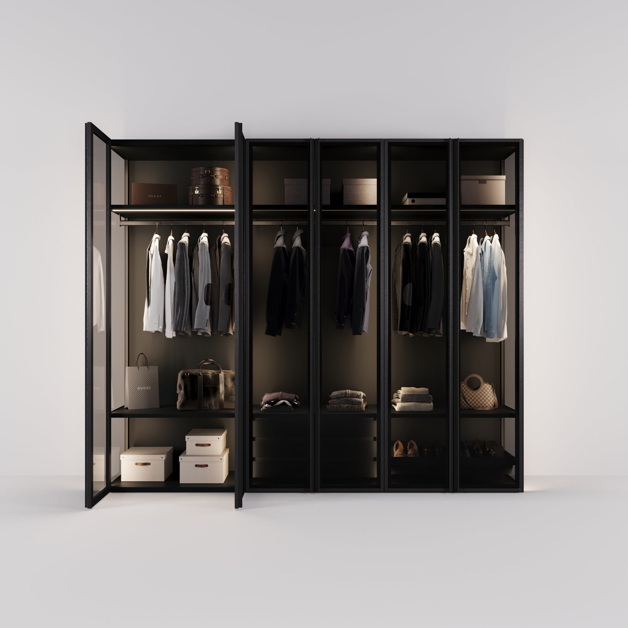 Kledingkast Antares in zwart staal met rookglas | 303 cm breed - Matteo studio B.V.