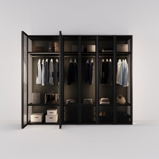Kledingkast Antares in zwart staal met rookglas | 303 cm breed - Matteo studio B.V.