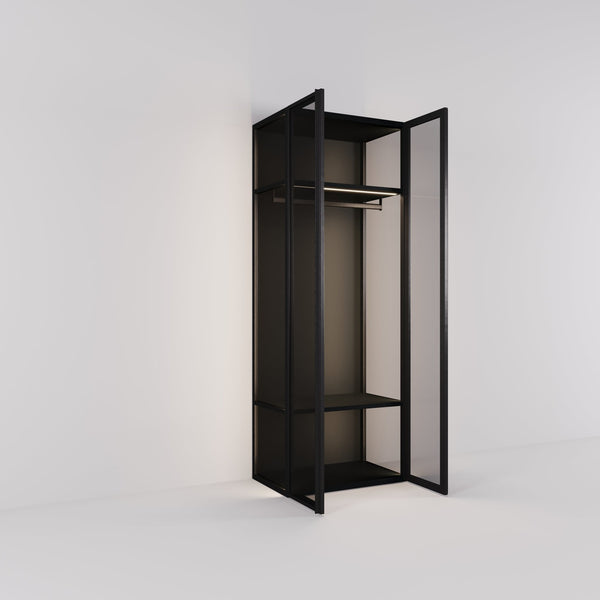 Kledingkast Antares in zwart staal met rookglas | 96 cm breed - Matteo studio B.V.
