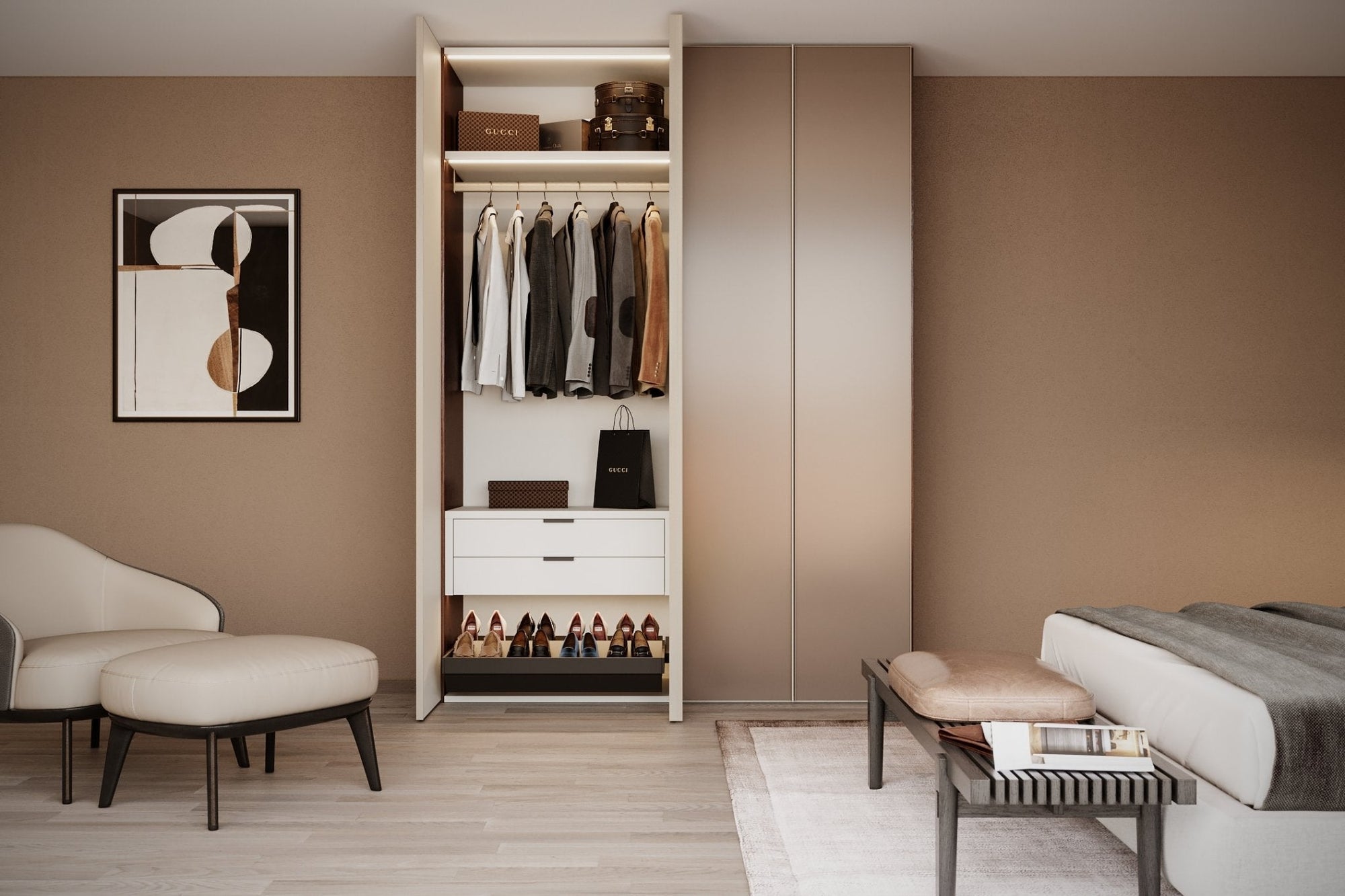 Kledingkast Levante in cacao met mat brons spiegelglas | 141 cm breed - Matteo studio B.V.