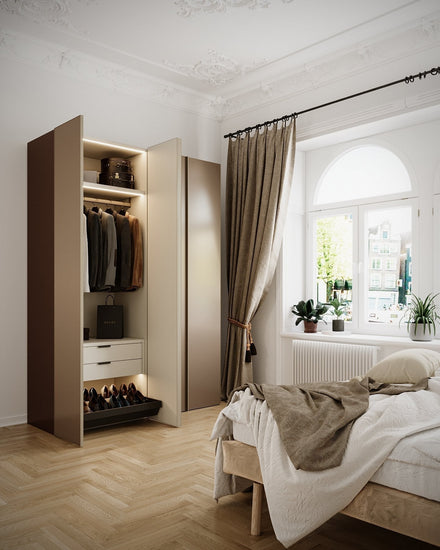 Kledingkast Levante in cacao met mat brons spiegelglas | 303 cm breed - Matteo studio B.V.